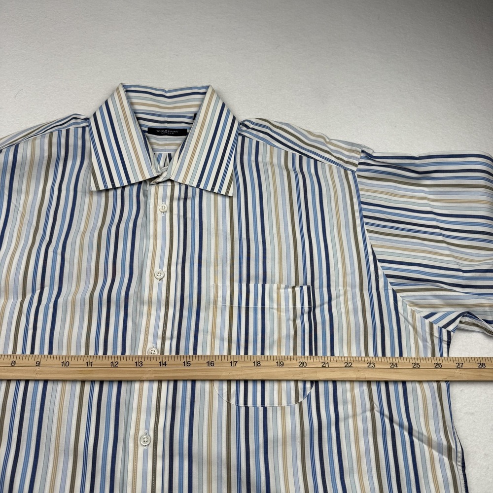 Burberry London Shirt Mens 17.5 Blue Stripe Button Down Made USA Long Sleeve - Picture 5 of 8